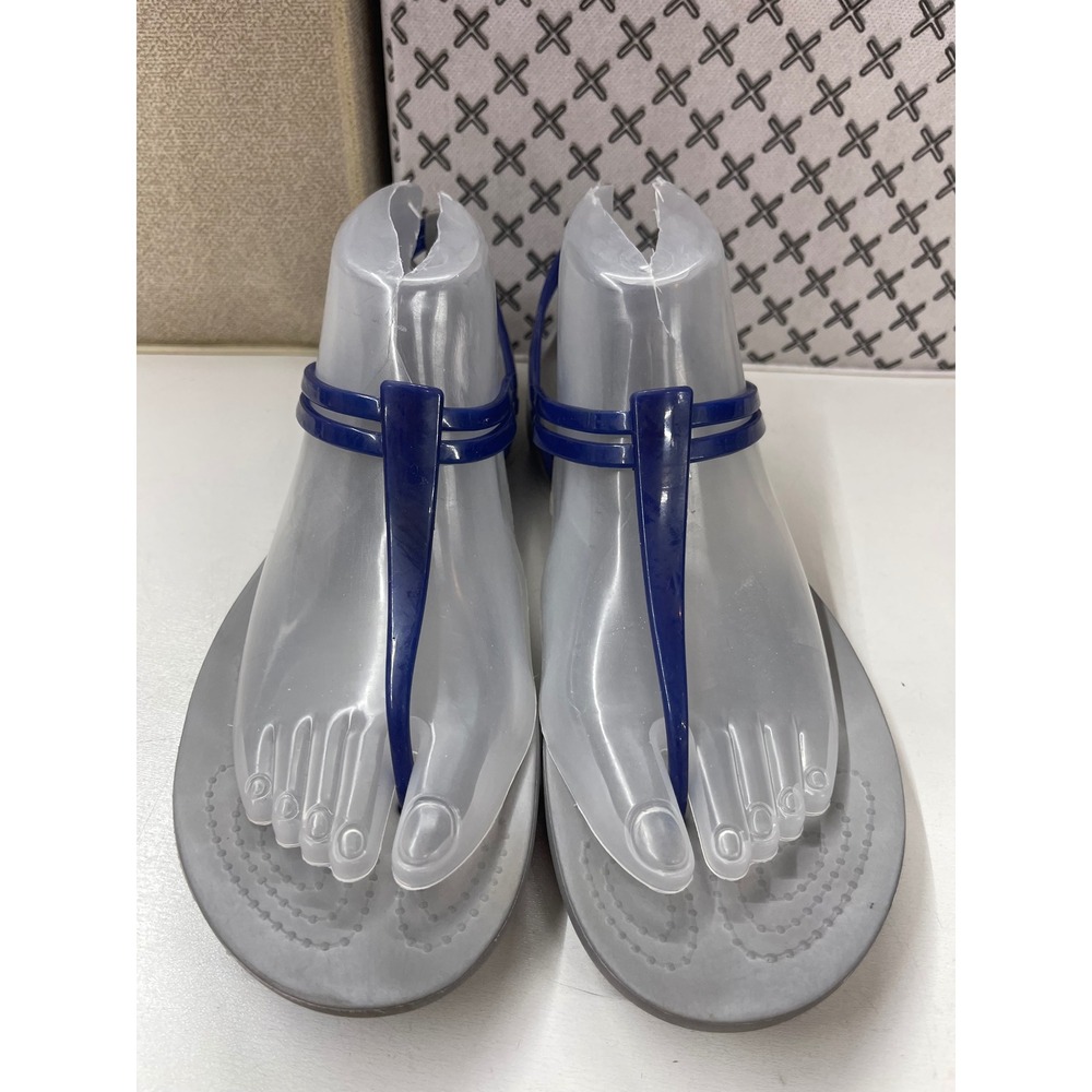 Crocs Serena Sandals Womens 9 Grey Navy Blue T-Strap Jelly Slingback Flat 205468